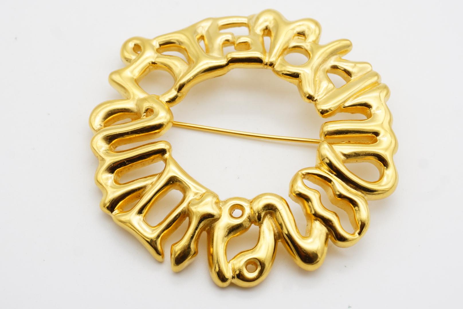 Fendi Vintage Large Fendista Logo F Zodiac Astrological Wreath Wheel Gold Brooch For Sale 7