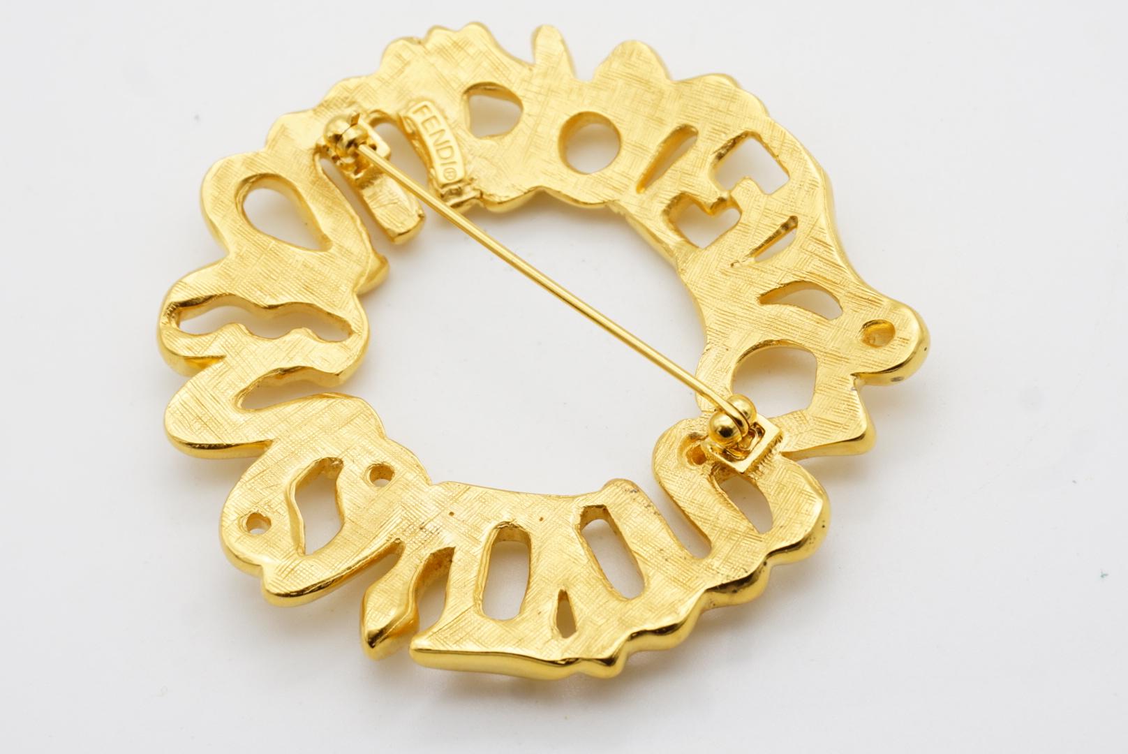 Fendi Vintage Large Fendista Logo F Zodiac Astrological Wreath Wheel Gold Brooch For Sale 8
