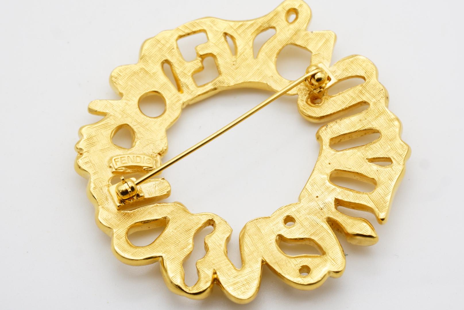 Fendi Vintage Large Fendista Logo F Zodiac Astrological Wreath Wheel Gold Brooch For Sale 9