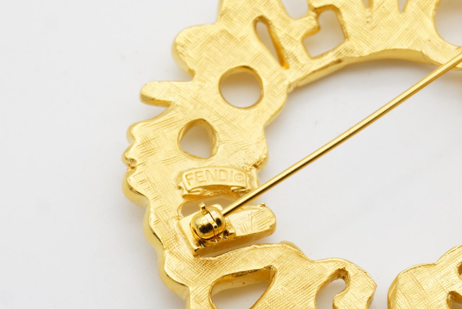Fendi Vintage Large Fendista Logo F Zodiac Astrological Wreath Wheel Gold Brooch For Sale 10
