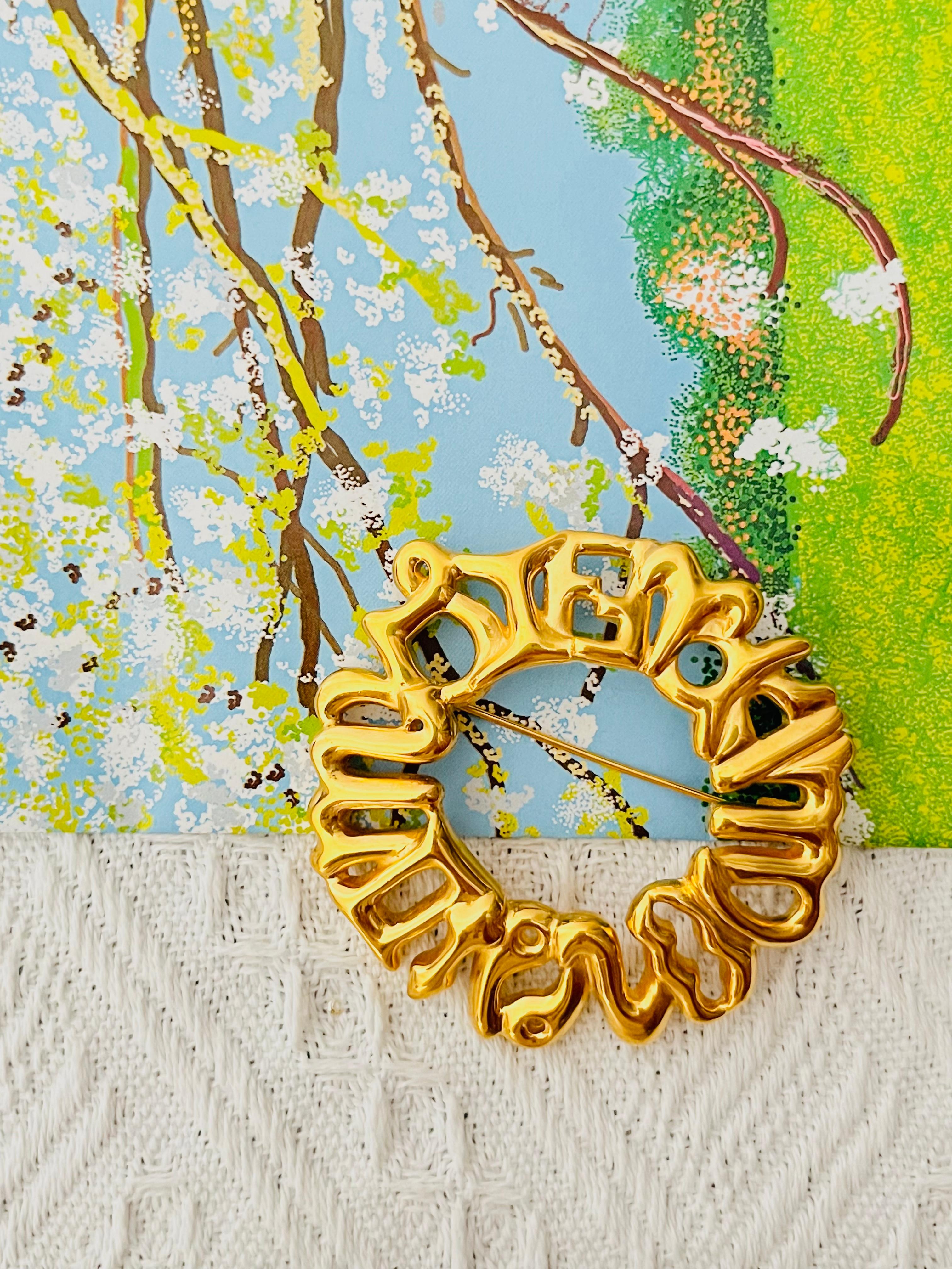 Art Deco Fendi Vintage Large Fendista Logo F Zodiac Astrological Wreath Wheel Gold Brooch For Sale