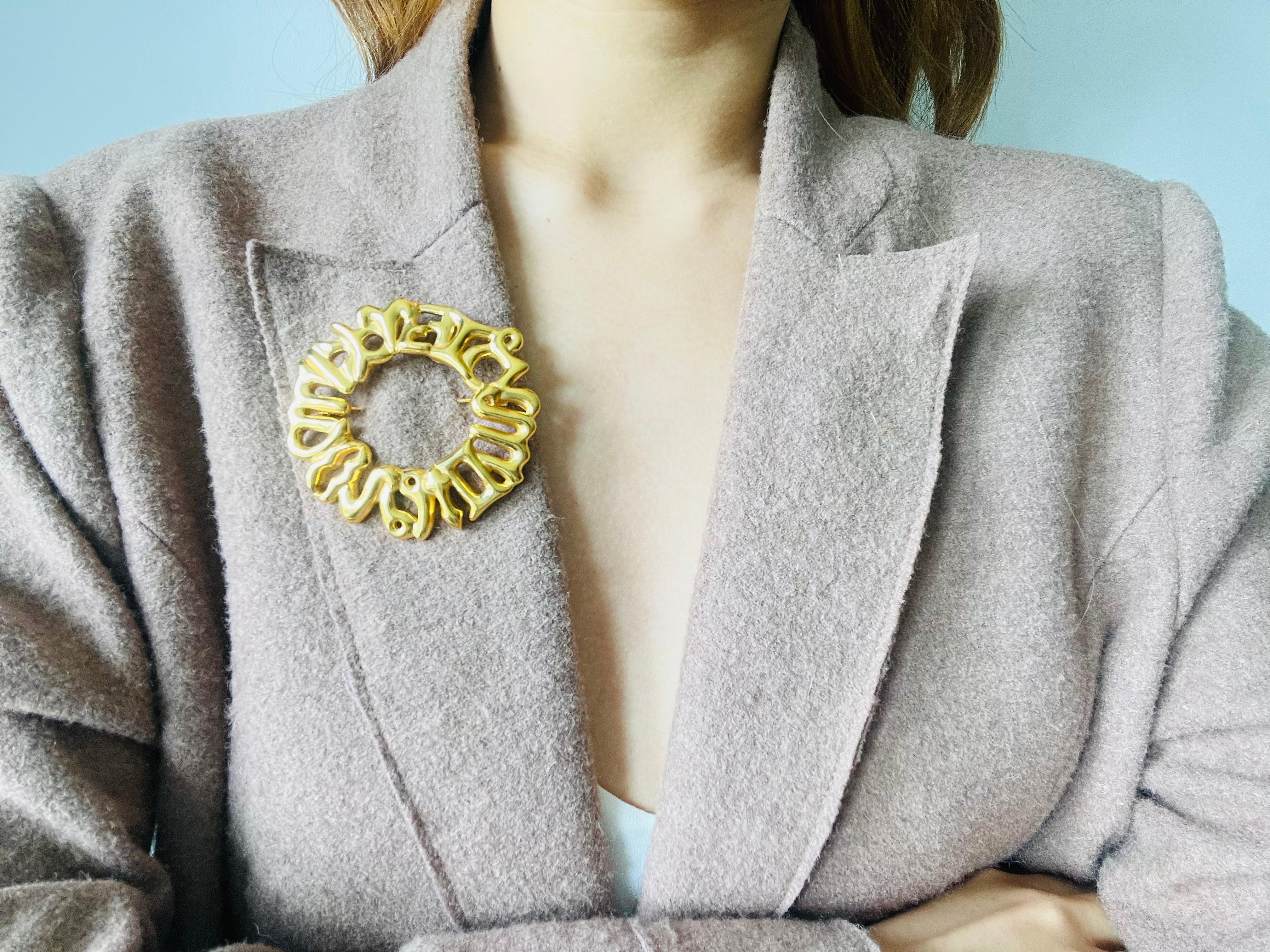 Fendi Vintage Large Fendista Logo F Zodiac Astrological Wreath Wheel Gold Brooch For Sale 2