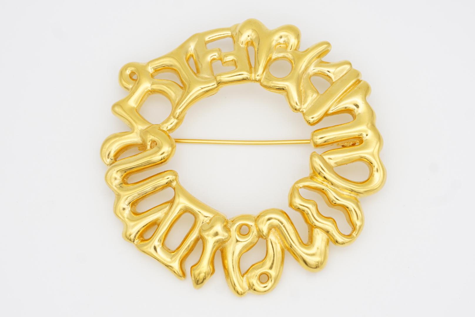 Fendi Vintage Large Fendista Logo F Zodiac Astrological Wreath Wheel Gold Brooch For Sale 3