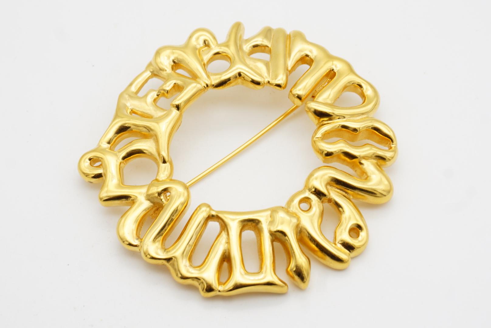 Fendi Vintage Large Fendista Logo F Zodiac Astrological Wreath Wheel Gold Brooch For Sale 4