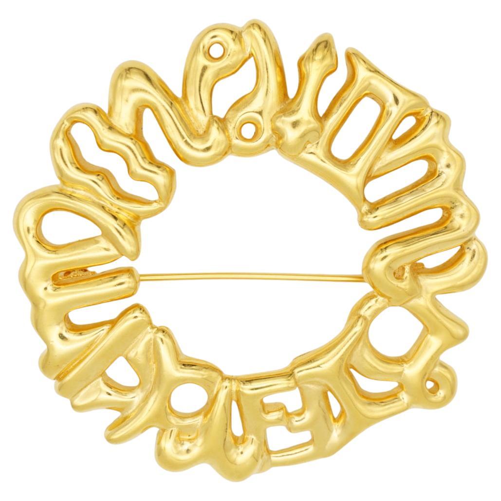 Fendi Vintage Large Fendista Logo F Zodiac Astrological Wreath Wheel Gold Brooch For Sale
