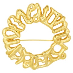 Fendi Vintage Large Fendista Logo F Zodiac Astrological Wreath Wheel Gold Brooch