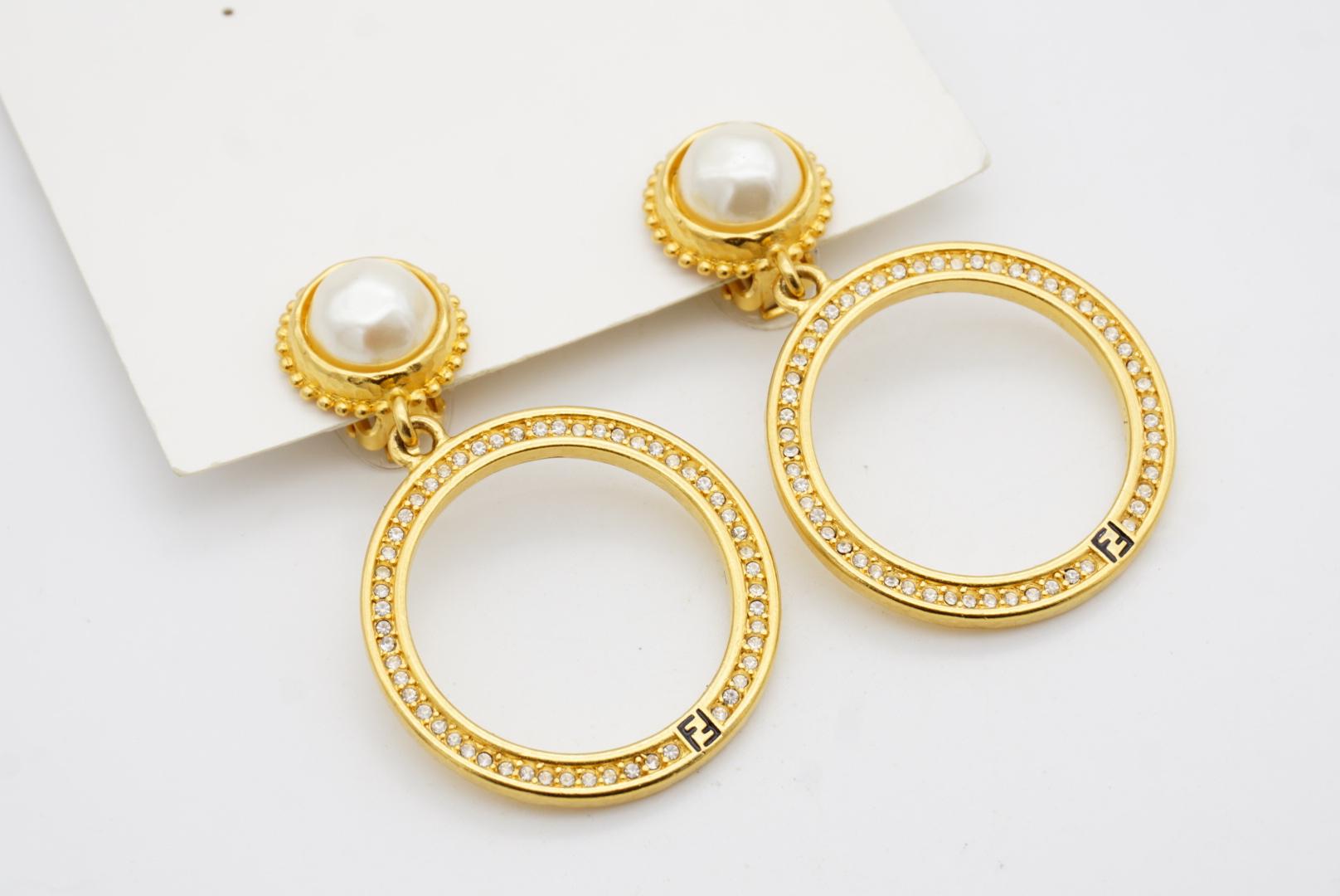 Fendi Vintage Large Logo F Fendista Circle Hoop White Pearl Crystals Earrings 5