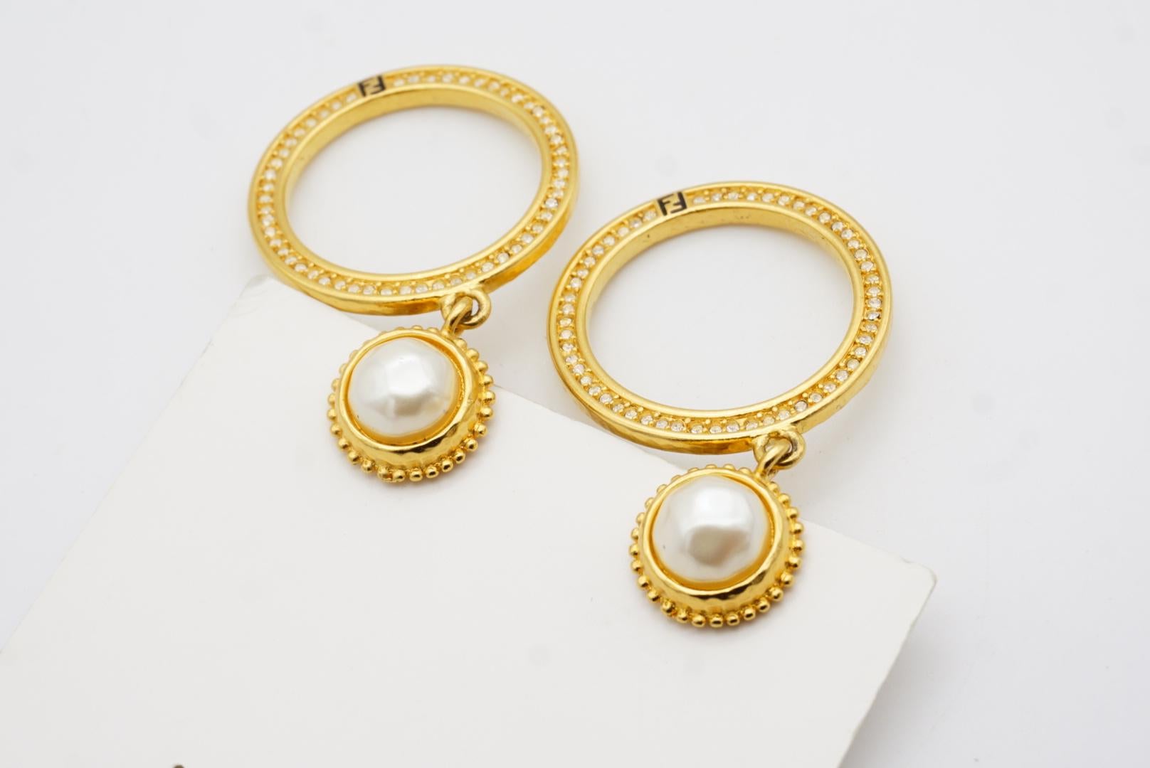 Fendi Vintage Large Logo F Fendista Circle Hoop White Pearl Crystals Earrings 6