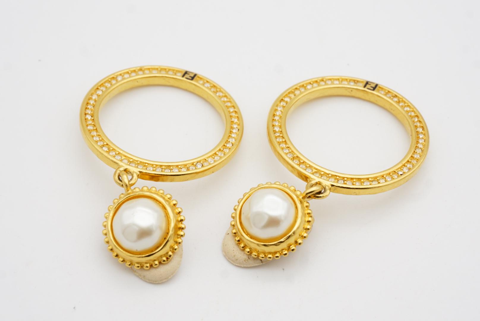 Fendi Vintage Large Logo F Fendista Circle Hoop White Pearl Crystals Earrings 7
