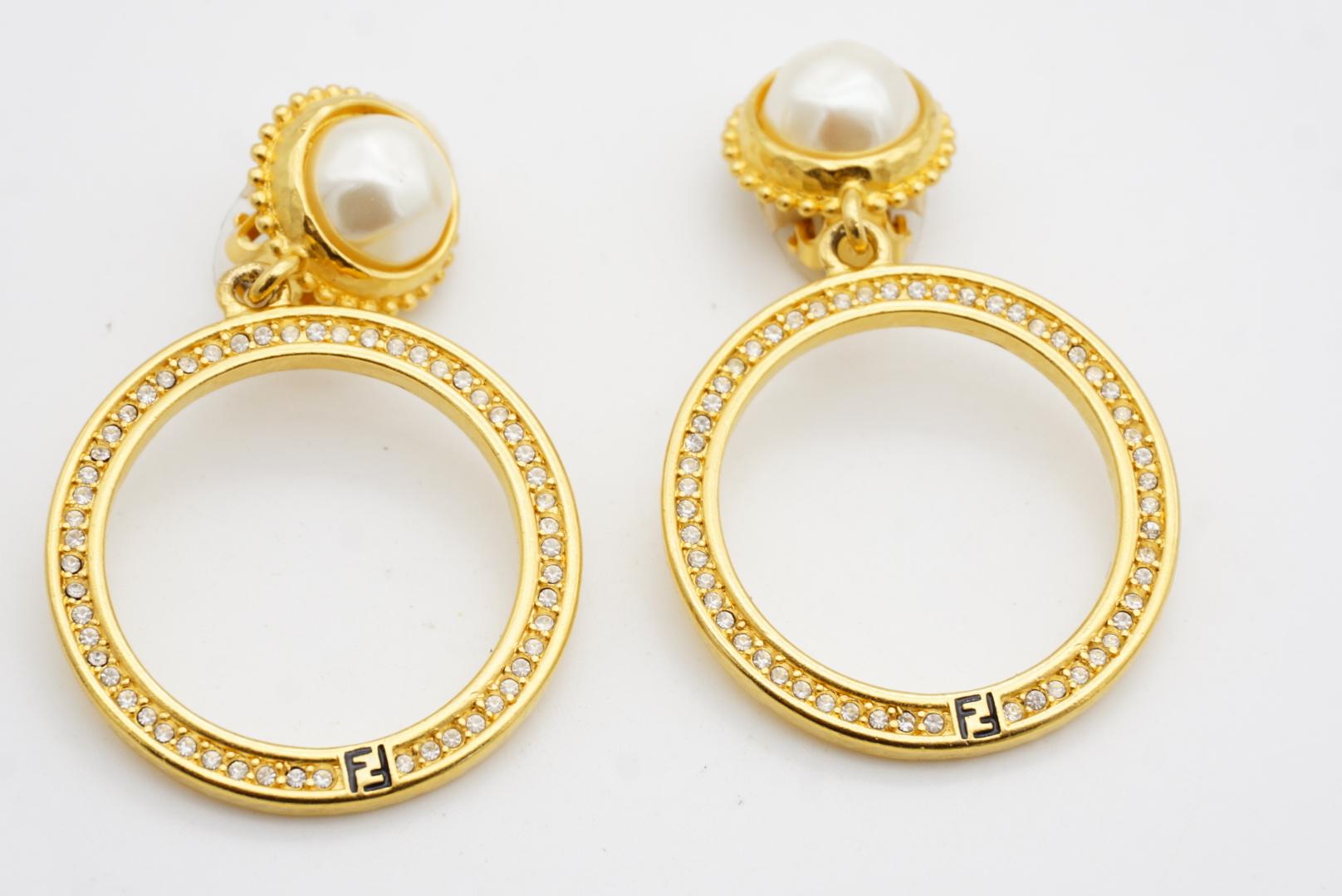 Fendi Vintage Large Logo F Fendista Circle Hoop White Pearl Crystals Earrings 8