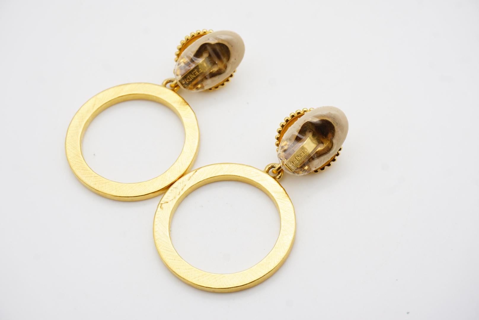 Fendi Vintage Large Logo F Fendista Circle Hoop White Pearl Crystals Earrings 9