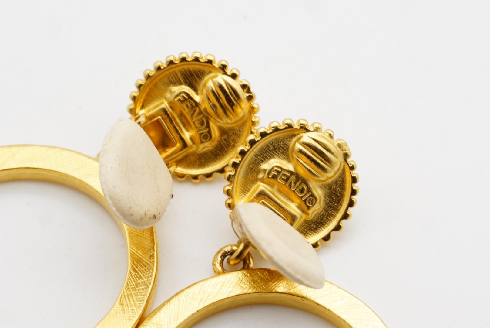 Fendi Vintage Large Logo F Fendista Circle Hoop White Pearl Crystals Earrings 10