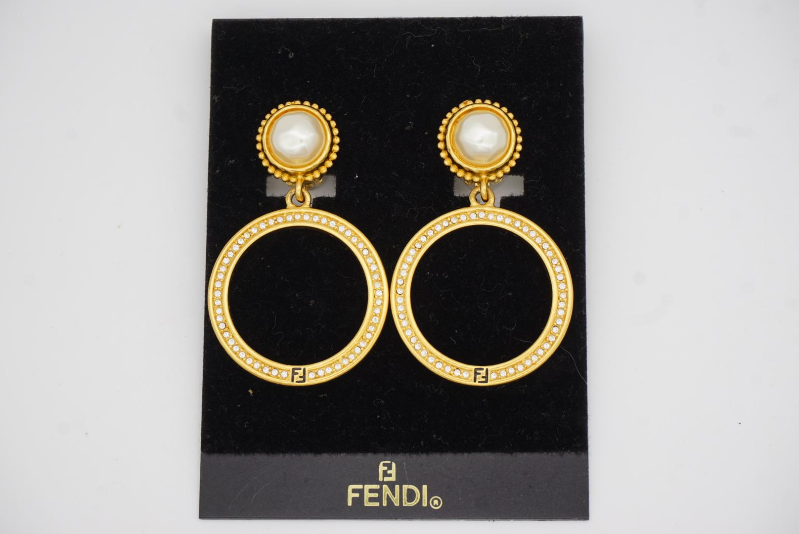 Fendi Vintage Large Logo F Fendista Circle Hoop White Pearl Crystals Earrings 11
