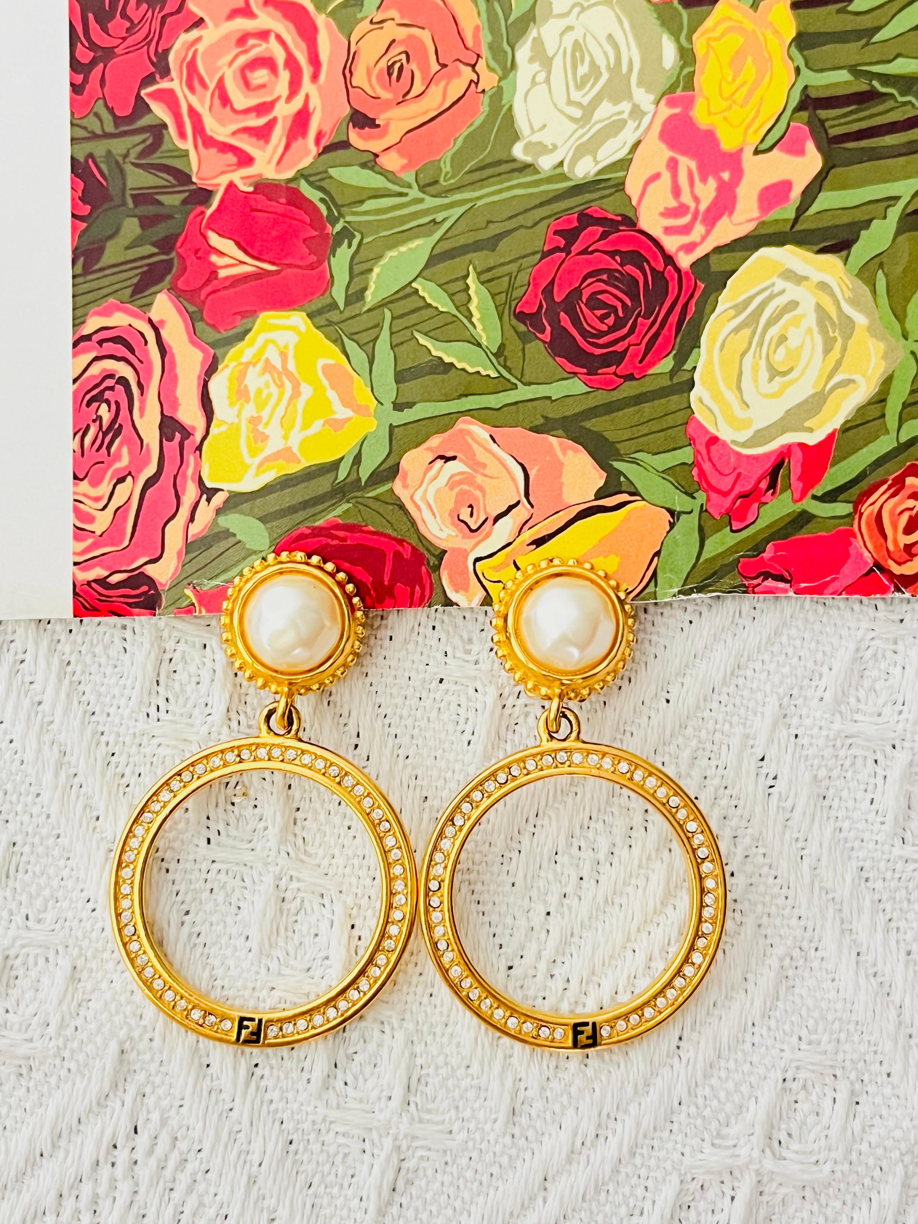 Art Deco Fendi Vintage Large Logo F Fendista Circle Hoop White Pearl Crystals Earrings