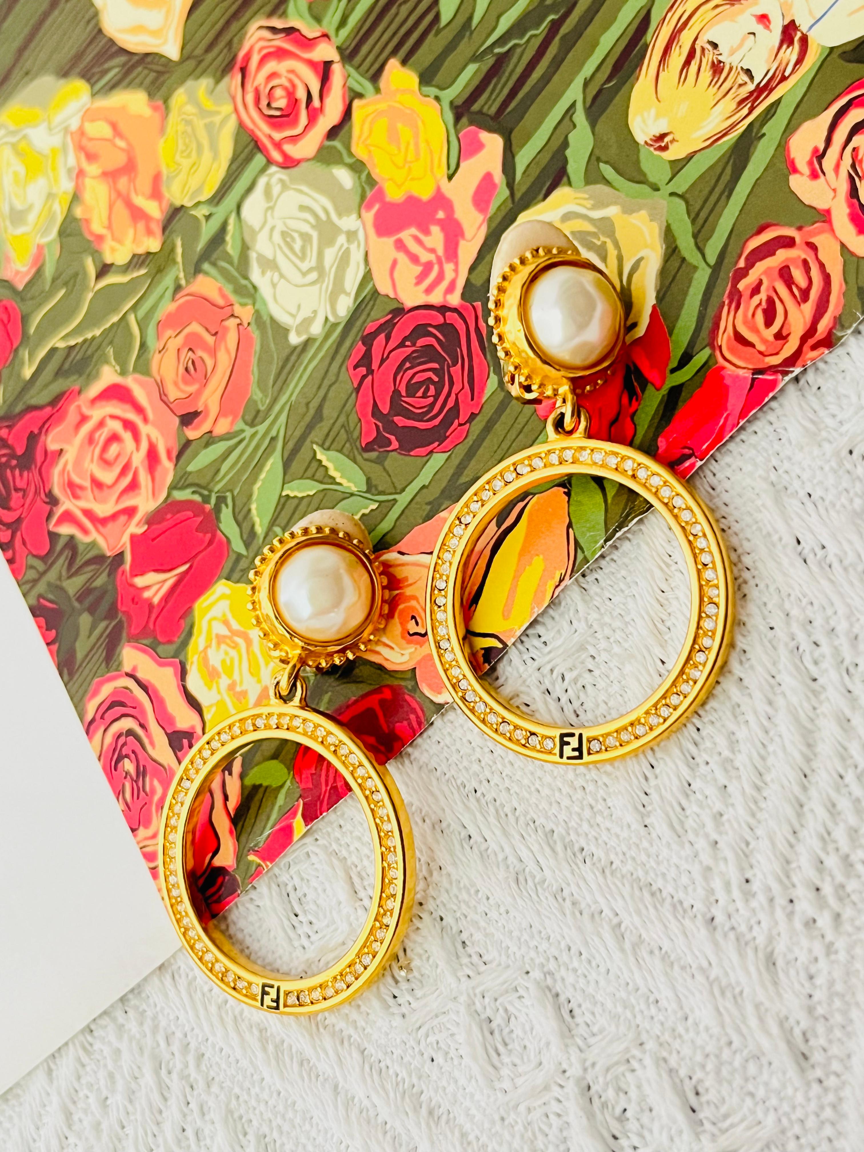 Fendi Vintage Large Logo F Fendista Circle Hoop White Pearl Crystals Earrings In Excellent Condition In Wokingham, England