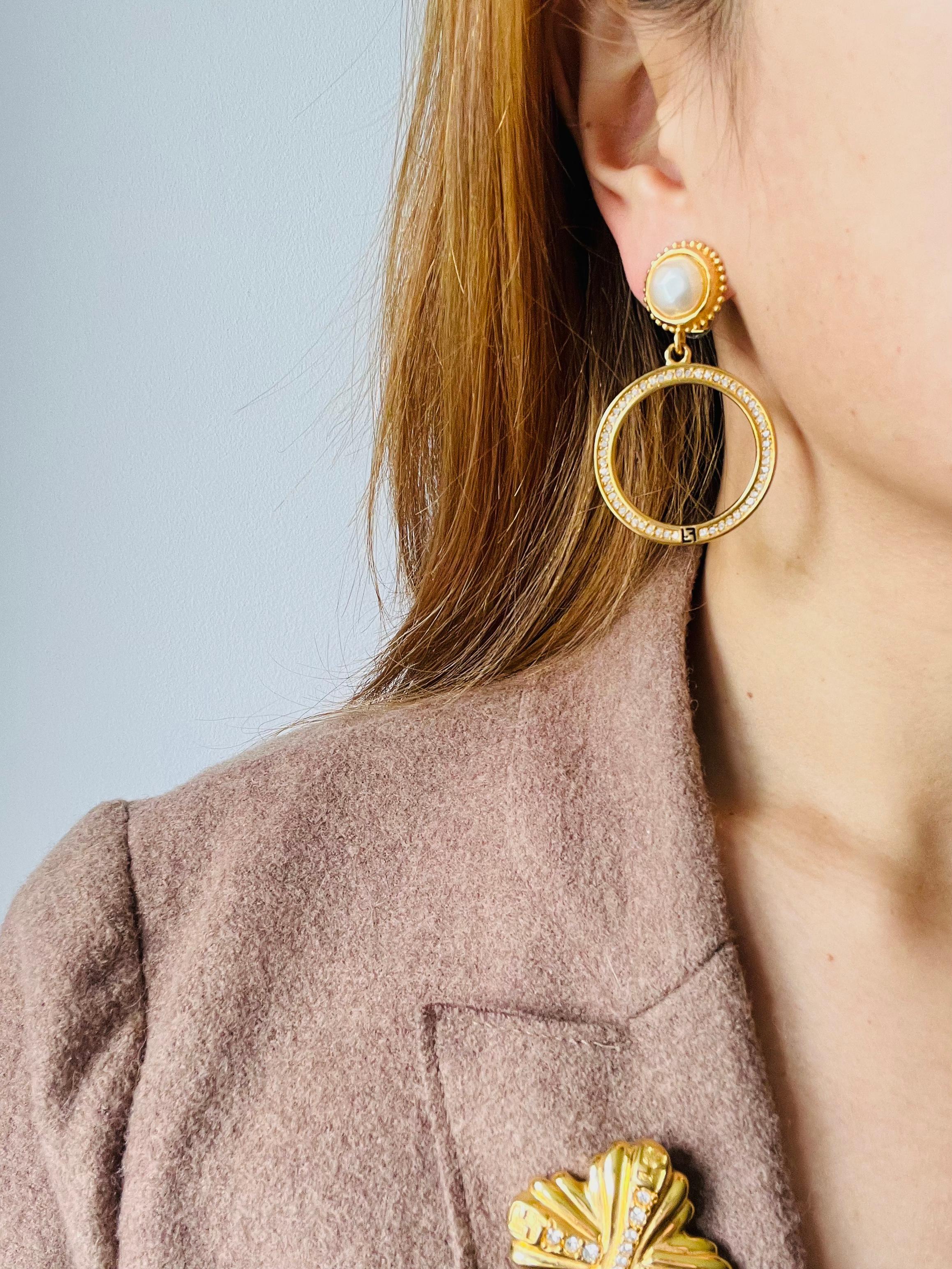 Fendi Vintage Large Logo F Fendista Circle Hoop White Pearl Crystals Earrings 1