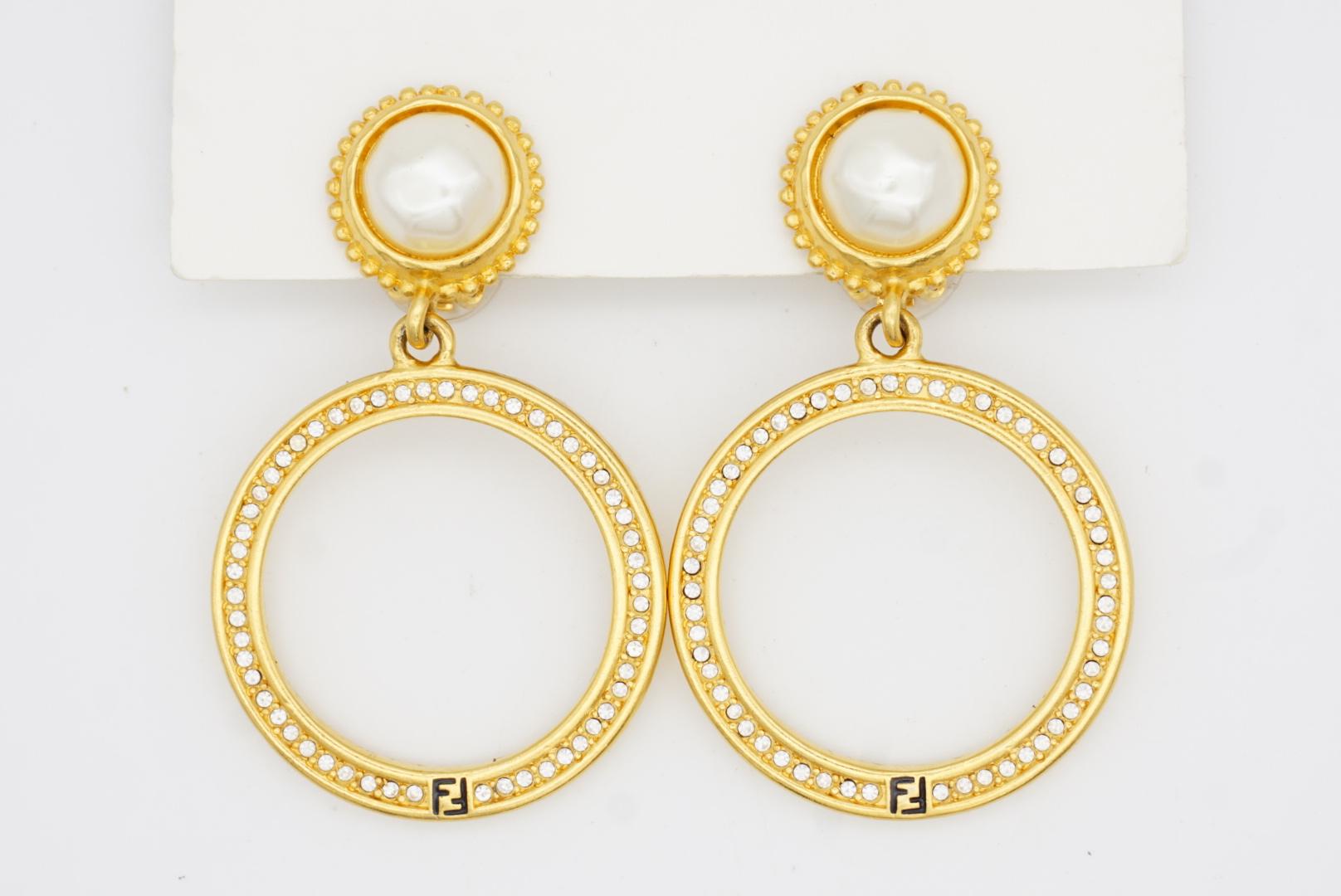 Fendi Vintage Large Logo F Fendista Circle Hoop White Pearl Crystals Earrings 3