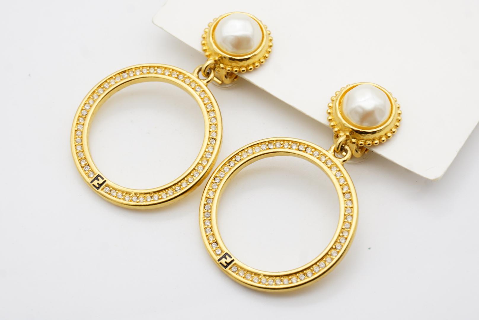 Fendi Vintage Large Logo F Fendista Circle Hoop White Pearl Crystals Earrings 4