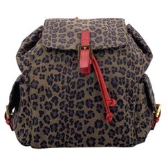 Fendi Vintage Leopard Print Canvas Backpack Shoulder Bag Brown Red
