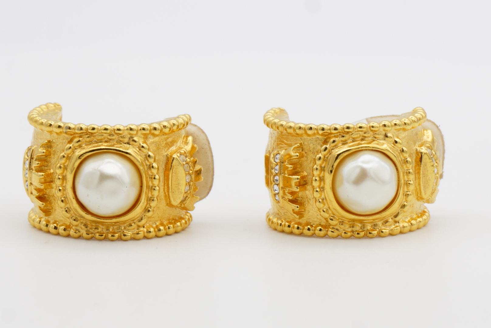 Fendi Vintage Logo Black F Fendista Crown Pearl Crystal Dome Hoop Clip Earrings For Sale 5