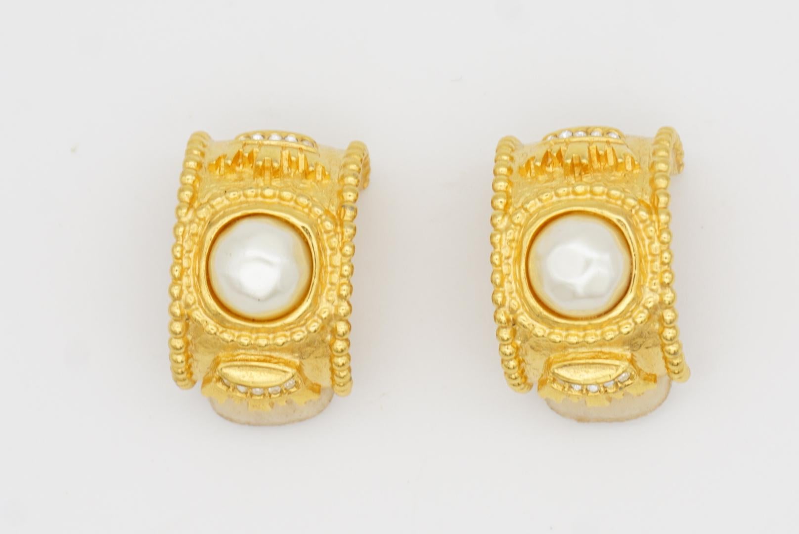 Fendi Vintage Logo Black F Fendista Crown Pearl Crystal Dome Hoop Clip Earrings For Sale 6