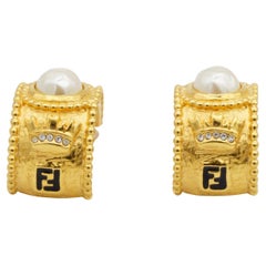 Fendi Vintage Logo Black F Fendista Crown Pearl Crystal Dome Hoop Clip Earrings