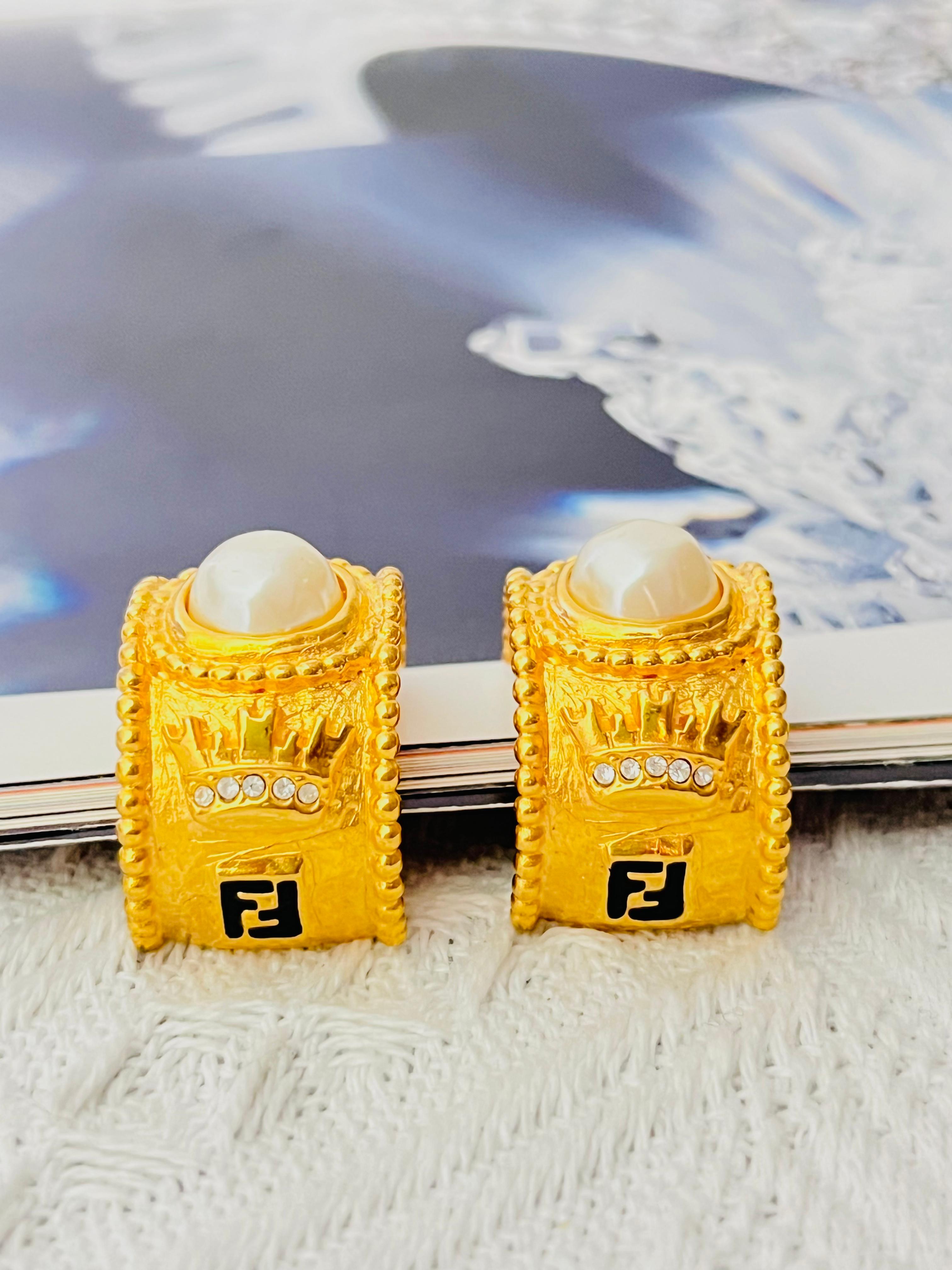 Art Deco Fendi Vintage Logo Black F Fendista Crown Pearl Crystal Dome Hoop Clip Earrings For Sale