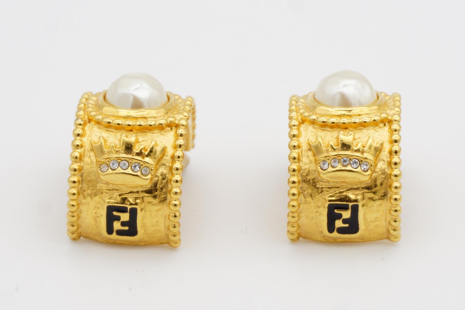 Fendi Vintage Logo Black F Fendista Crown Pearl Crystal Dome Hoop Clip Earrings For Sale 3