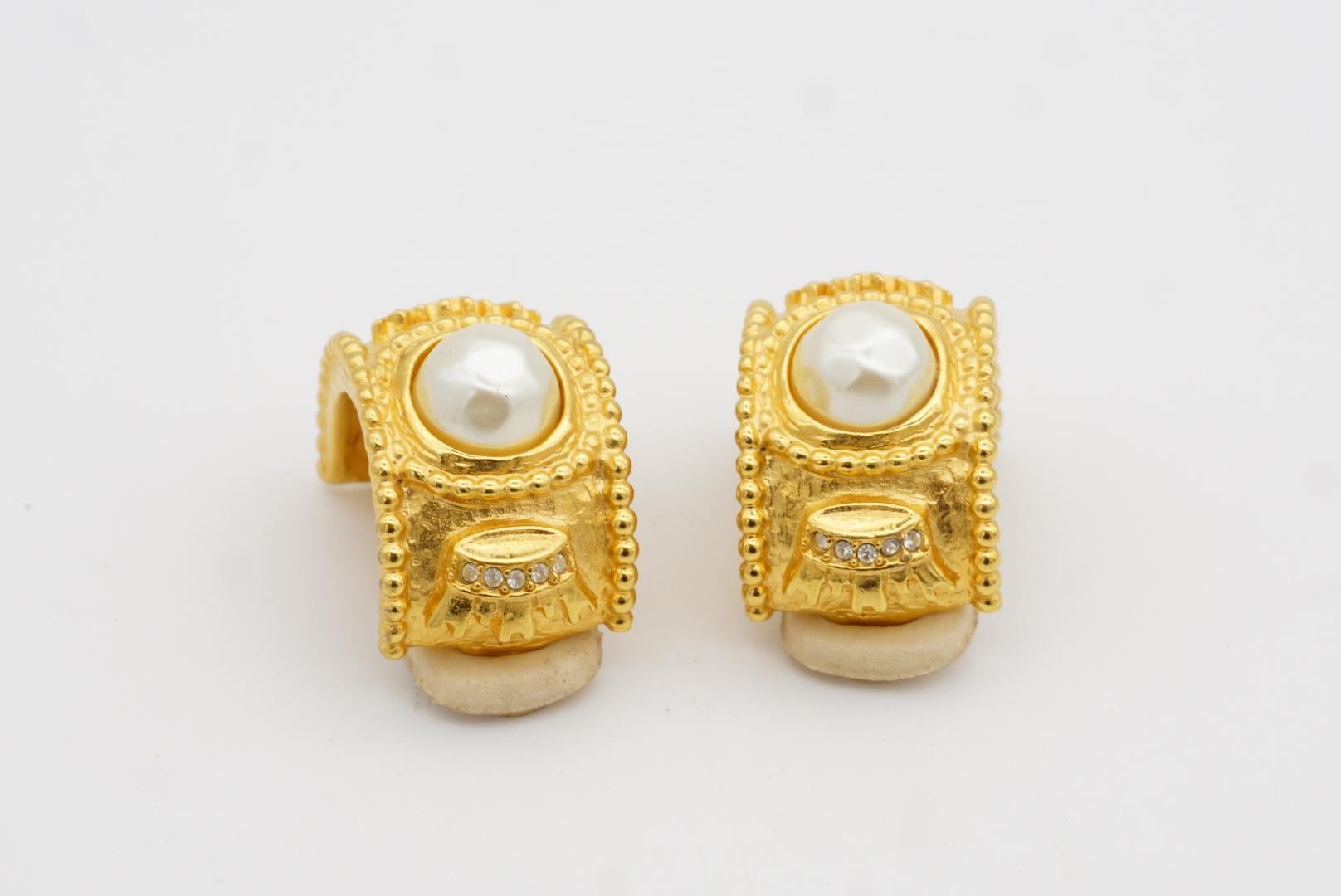 Fendi Vintage Logo Black F Fendista Crown Pearl Crystal Dome Hoop Clip Earrings For Sale 4