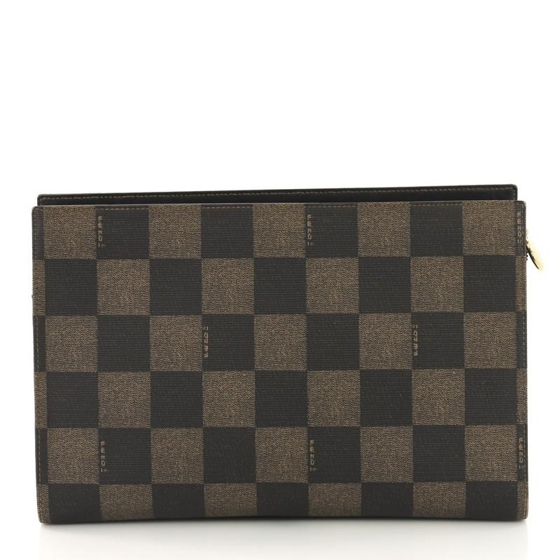 Fendi Vintage Logo Clutch Check Print Embroidered Coated Canvas Medium In Good Condition In NY, NY