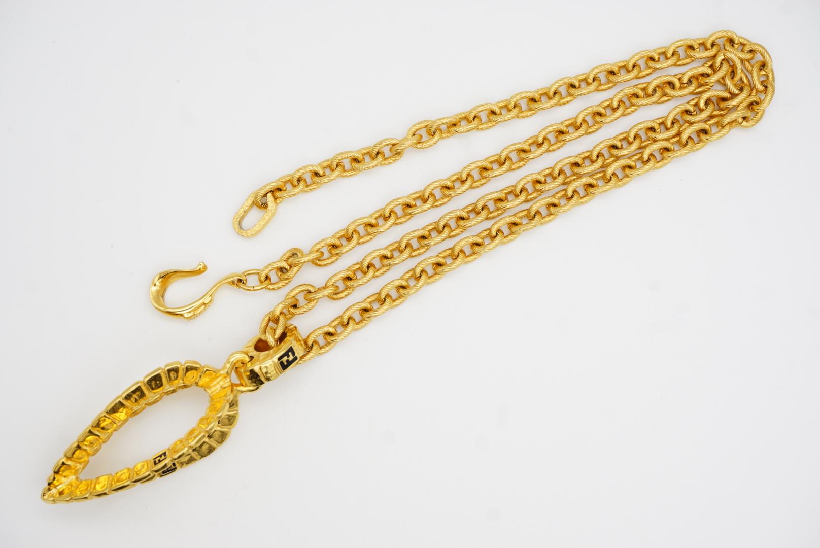 Fendi Vintage Logo F Fendista 3D Leaf Water Drop Pendant Chunky Long Necklace For Sale 6