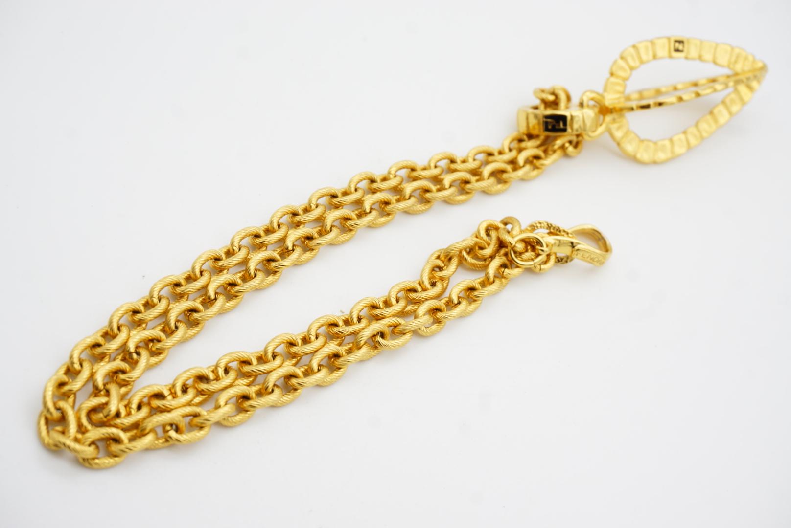 Fendi Vintage Logo F Fendista 3D Leaf Water Drop Pendant Chunky Long Necklace For Sale 11