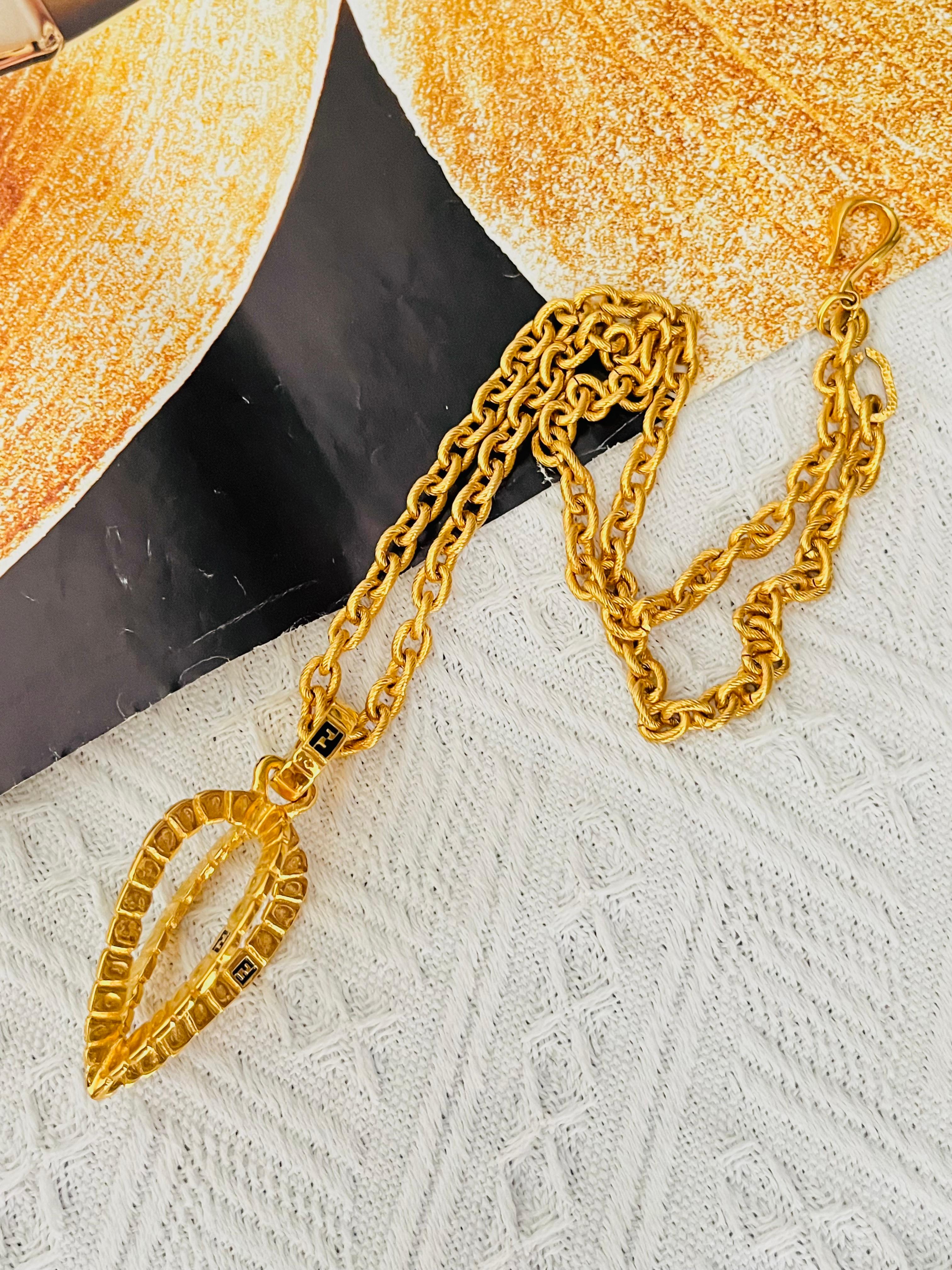 Art Deco Fendi Vintage Logo F Fendista 3D Leaf Water Drop Pendant Chunky Long Necklace For Sale