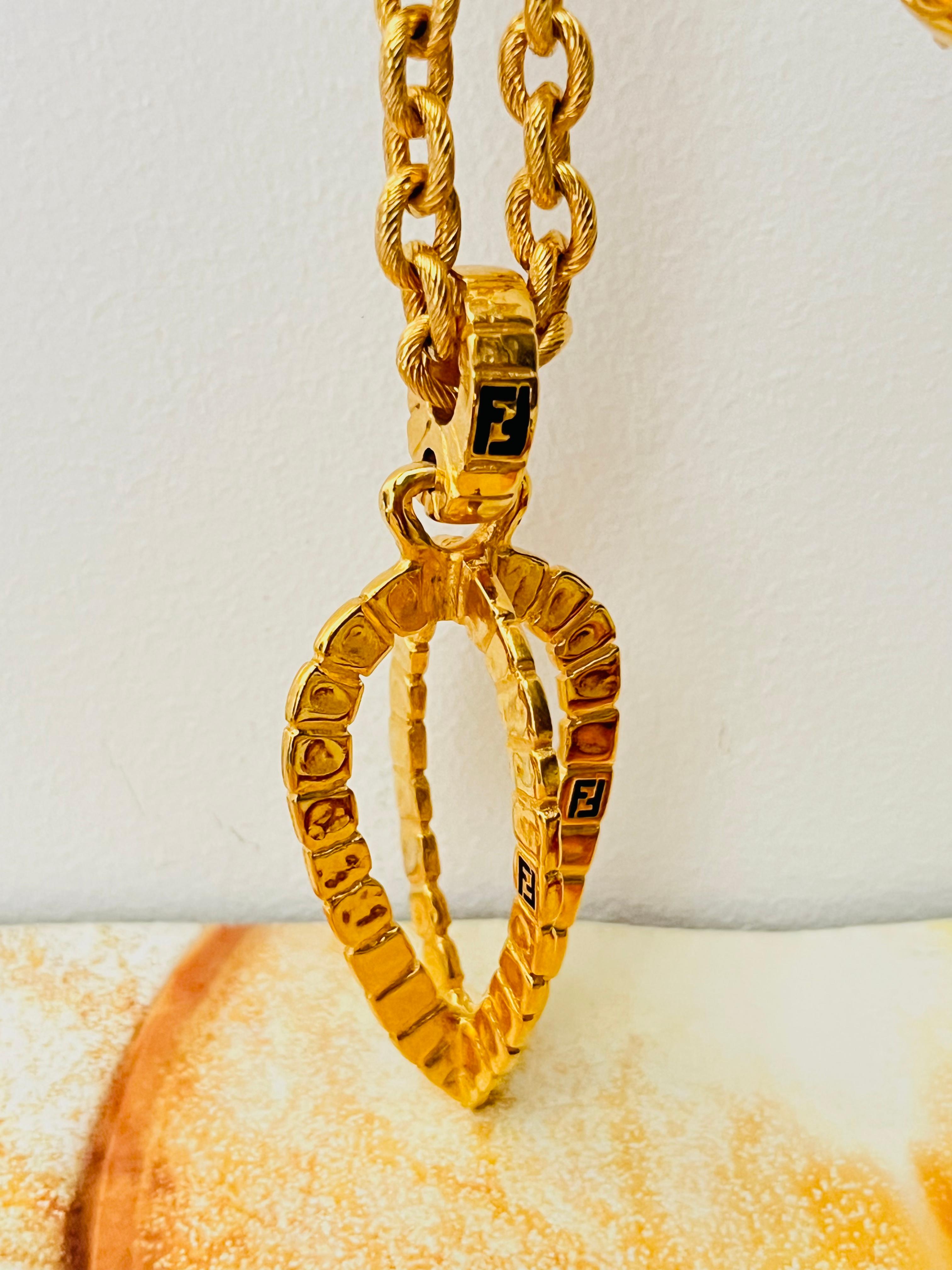 Women's or Men's Fendi Vintage Logo F Fendista 3D Leaf Water Drop Pendant Chunky Long Necklace For Sale