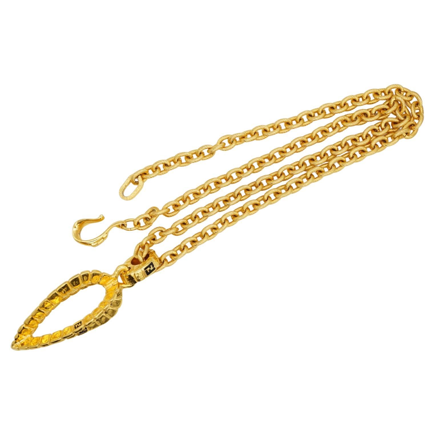 Fendi Vintage Logo F Fendista 3D Leaf Water Drop Pendant Chunky Long Necklace For Sale
