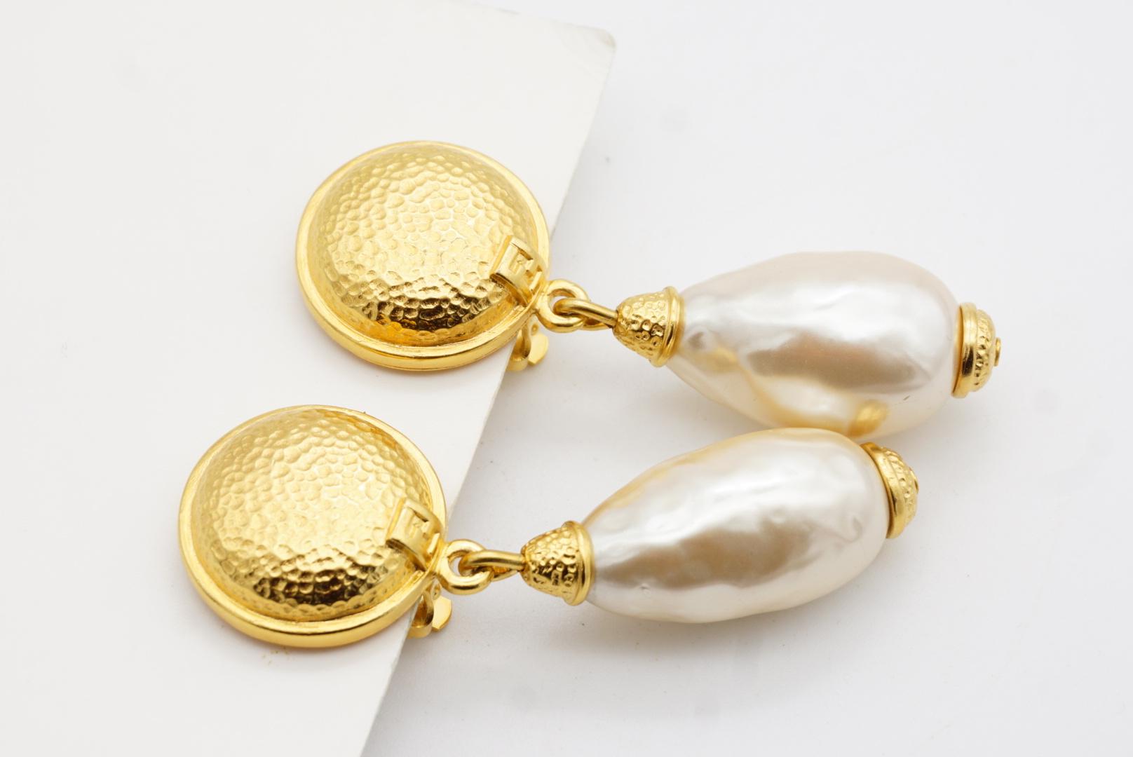 Fendi Vintage Logo F Fendista Circle Round White Pearl Water Drop Clip Earrings For Sale 5