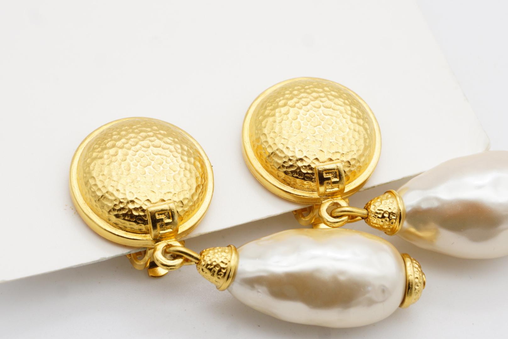 Fendi Vintage Logo F Fendista Circle Round White Pearl Water Drop Clip Earrings For Sale 6