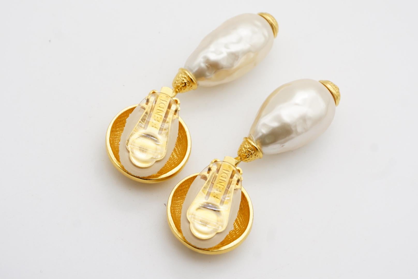 Fendi Vintage Logo F Fendista Circle Round White Pearl Water Drop Clip Earrings For Sale 7