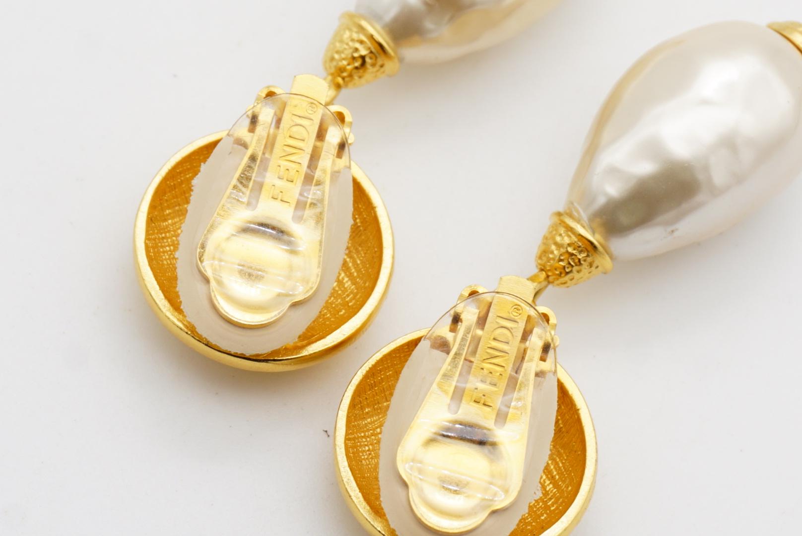 Fendi Vintage Logo F Fendista Circle Round White Pearl Water Drop Clip Earrings For Sale 8