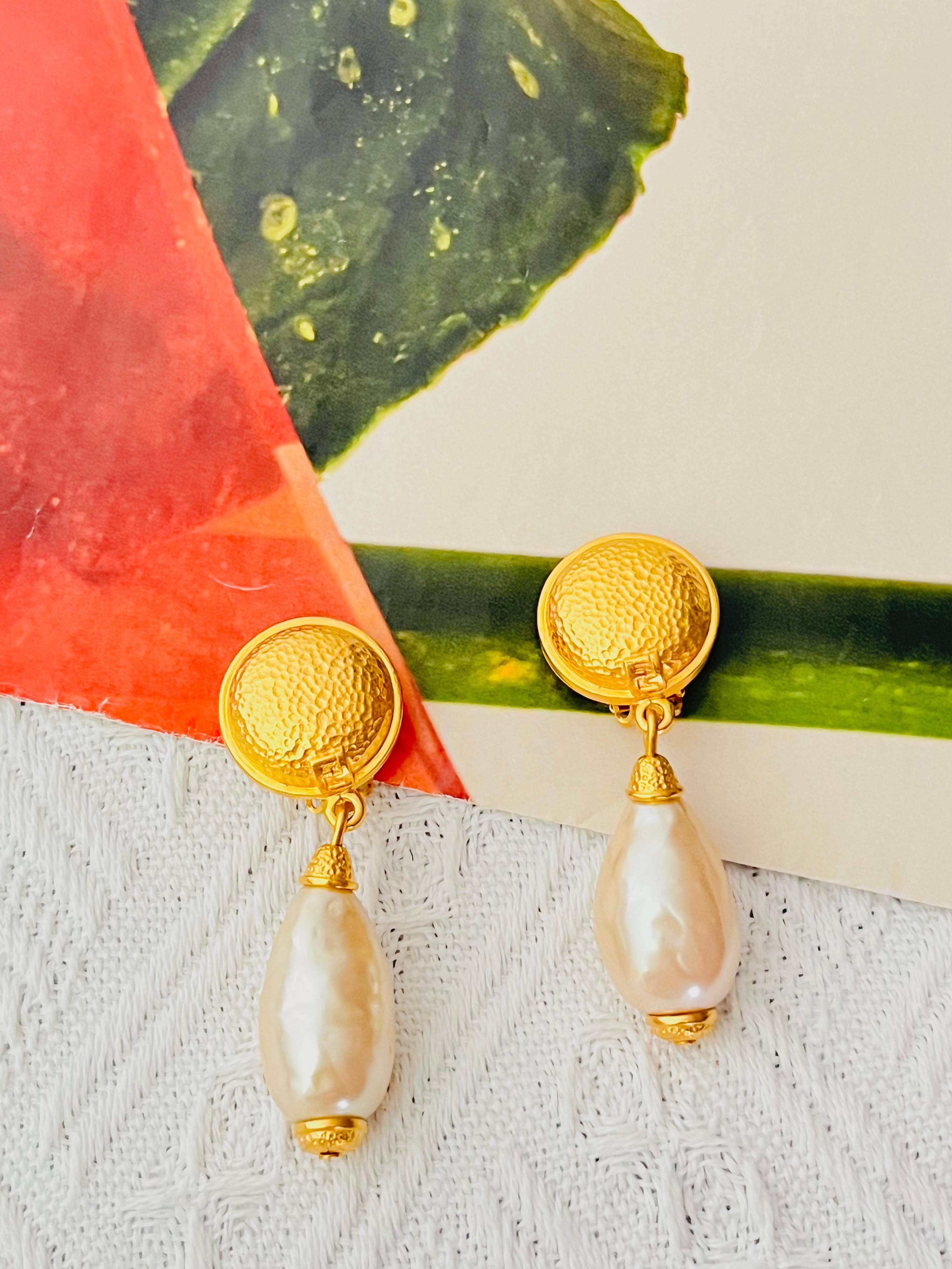 Art Deco Fendi Vintage Logo F Fendista Circle Round White Pearl Water Drop Clip Earrings For Sale