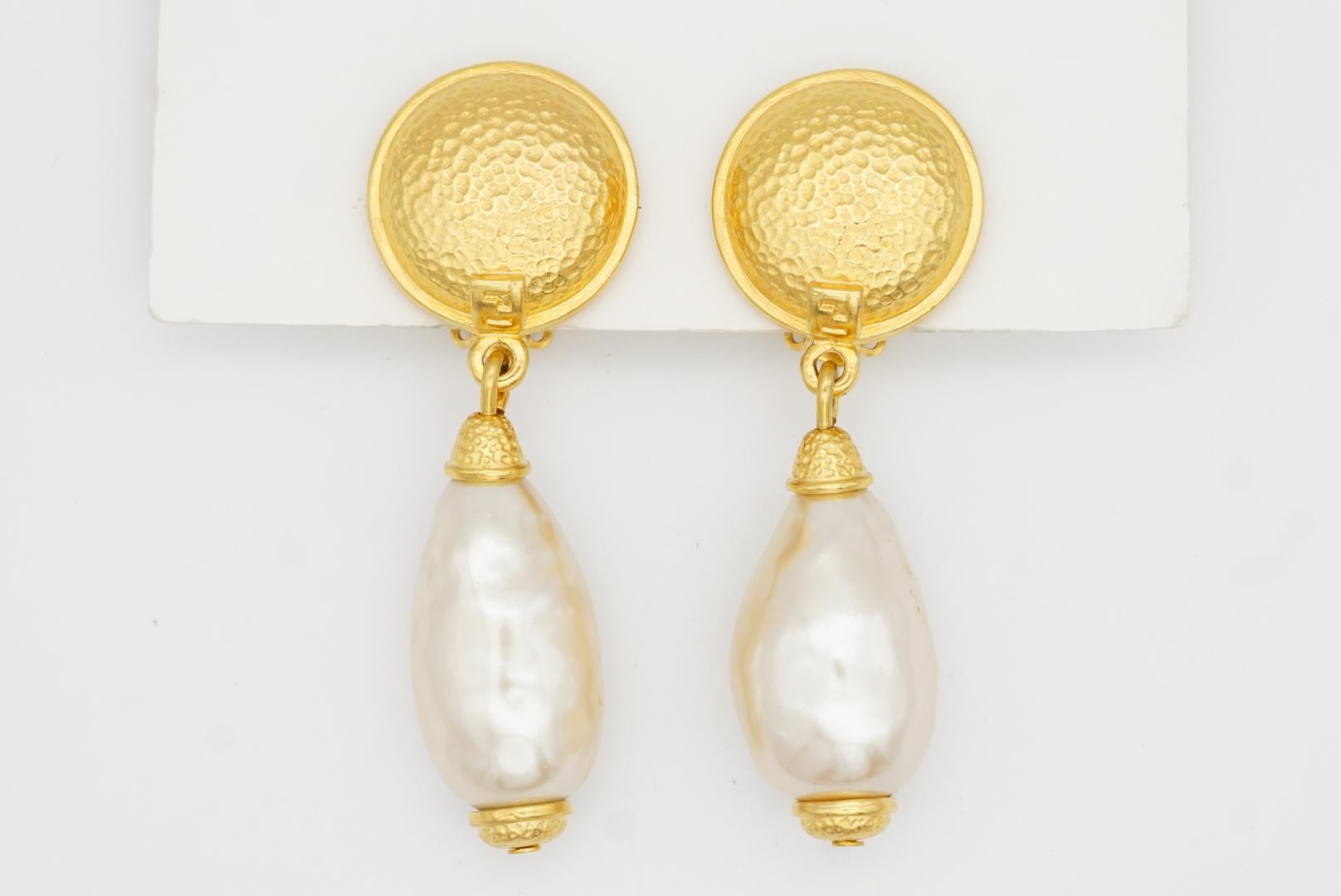 Fendi Vintage Logo F Fendista Circle Round White Pearl Water Drop Clip Earrings For Sale 3