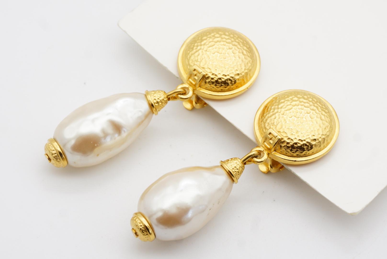 Fendi Vintage Logo F Fendista Circle Round White Pearl Water Drop Clip Earrings For Sale 4