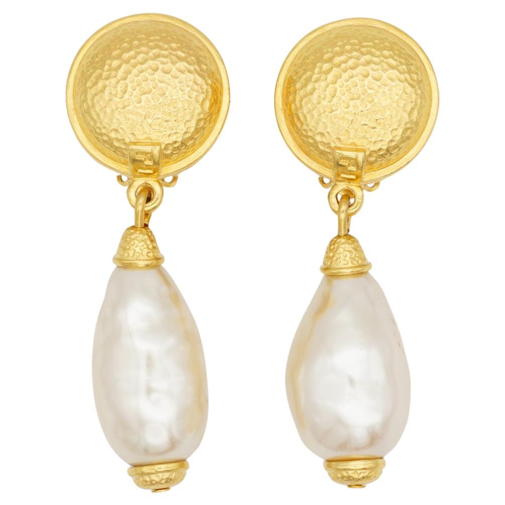 Fendi Vintage Logo F Fendista Circle Round White Pearl Water Drop Clip Earrings For Sale