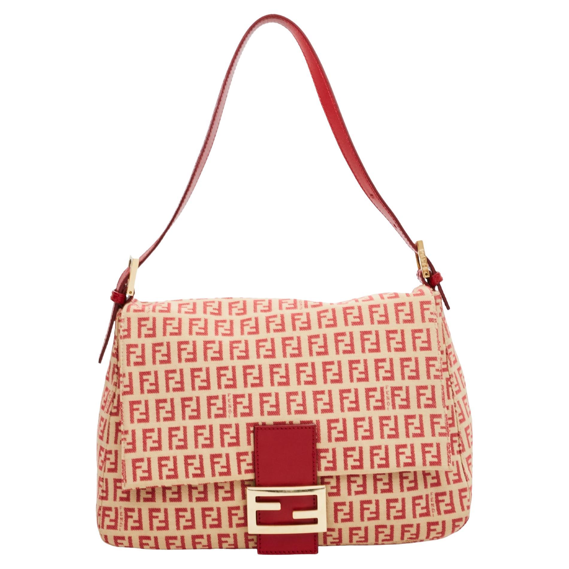 Fendi Vintage Mama Baguette Zuchino Beige Red Shoulder Bag
