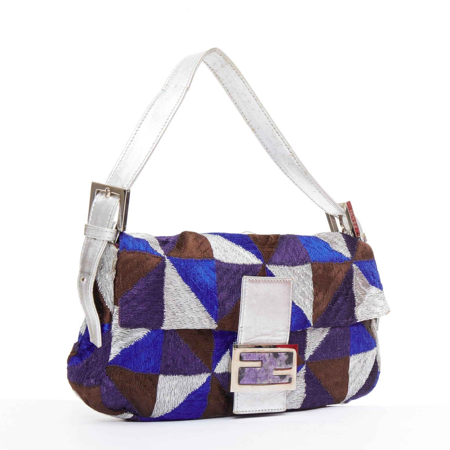 Purple FENDI Vintage Mamma Baguette blue silver purple fabric shoulder bag For Sale