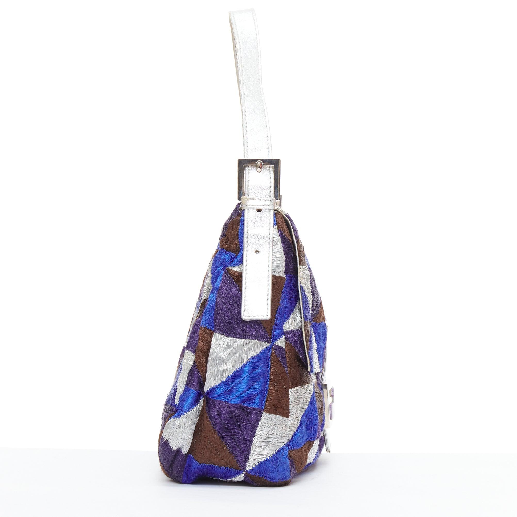 FENDI Vintage Mamma Baguette blue silver purple fabric shoulder bag In Fair Condition For Sale In Hong Kong, NT