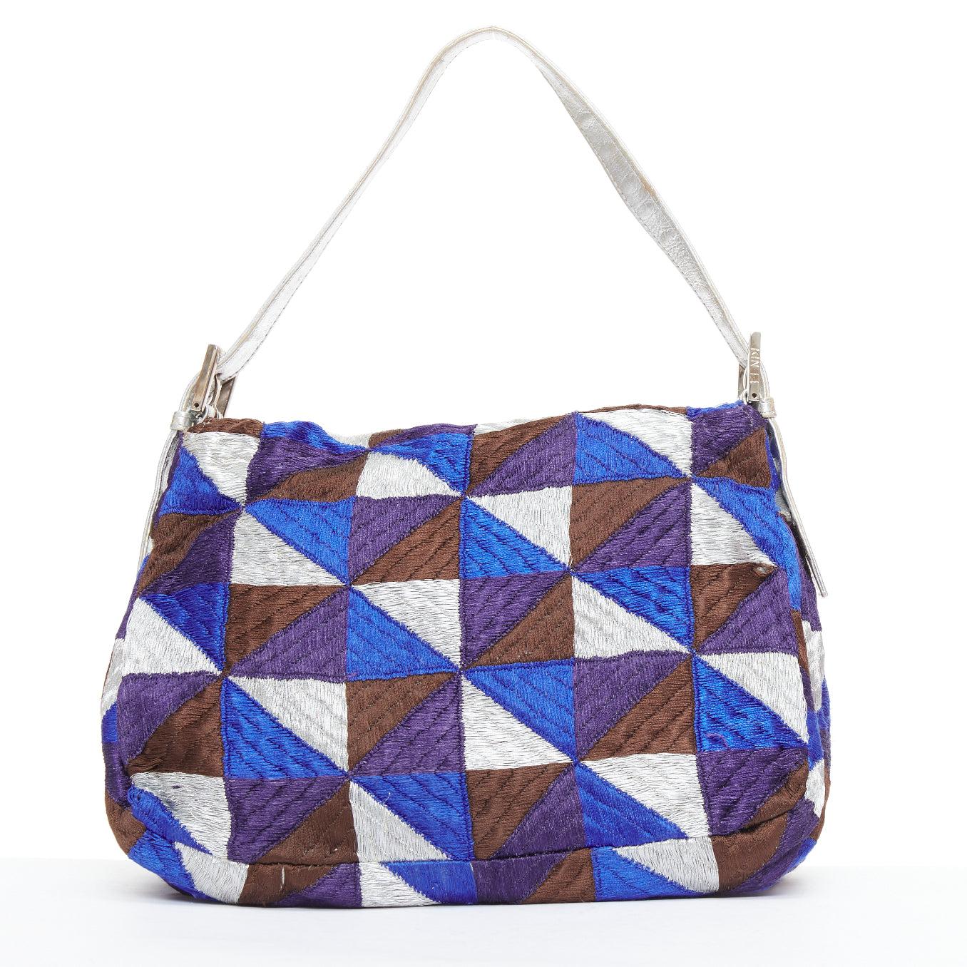 FENDI Vintage Mamma Baguette Umhängetasche aus blauem, silbernem und lila Stoff Damen im Angebot