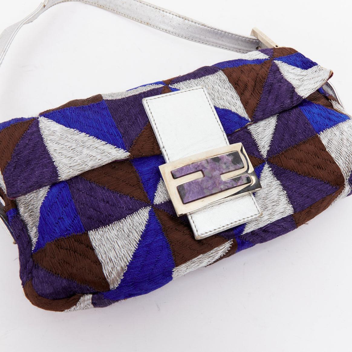 FENDI Vintage Mamma Baguette blue silver purple fabric shoulder bag For Sale 2