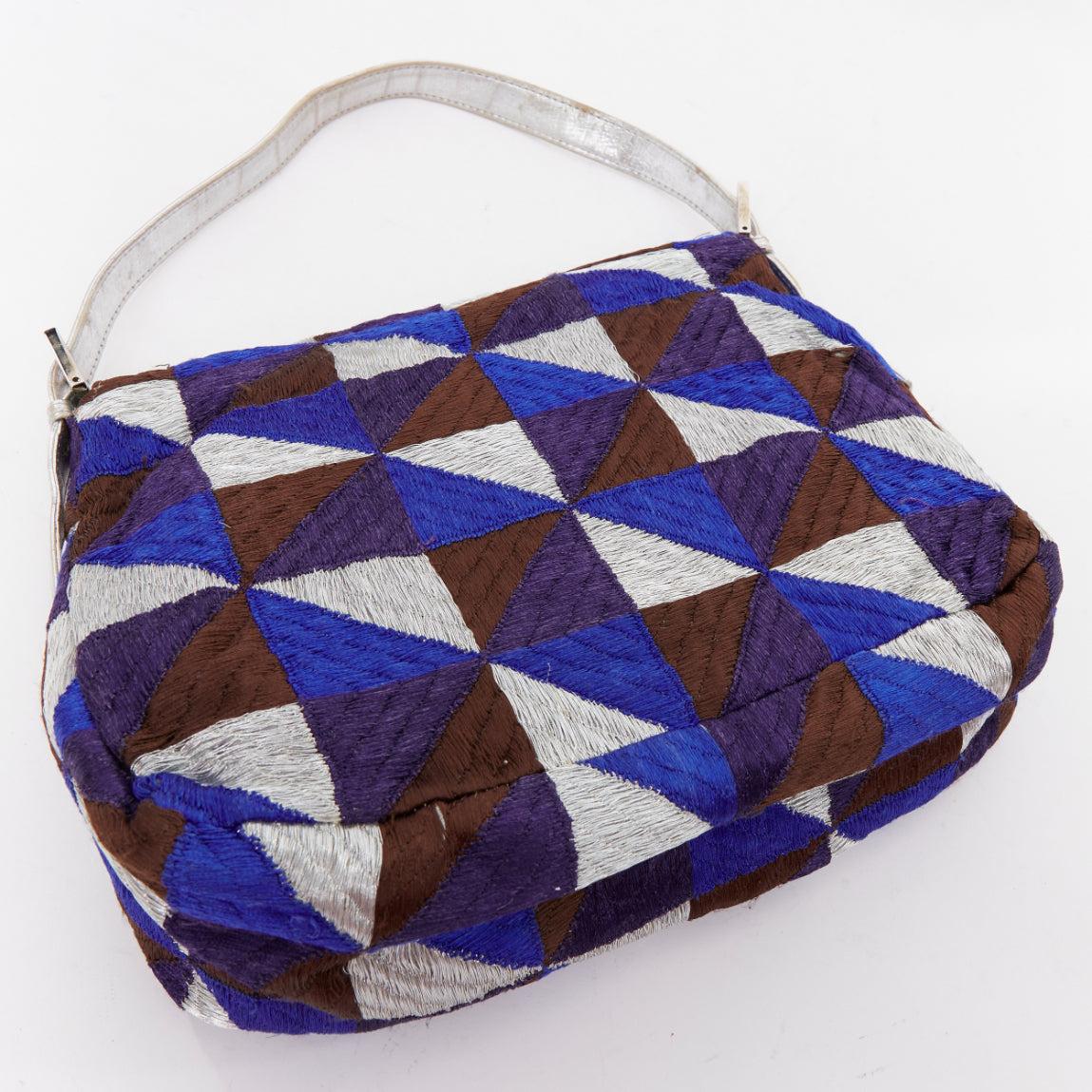 FENDI Vintage Mamma Baguette Umhängetasche aus blauem, silbernem und lila Stoff im Angebot 2