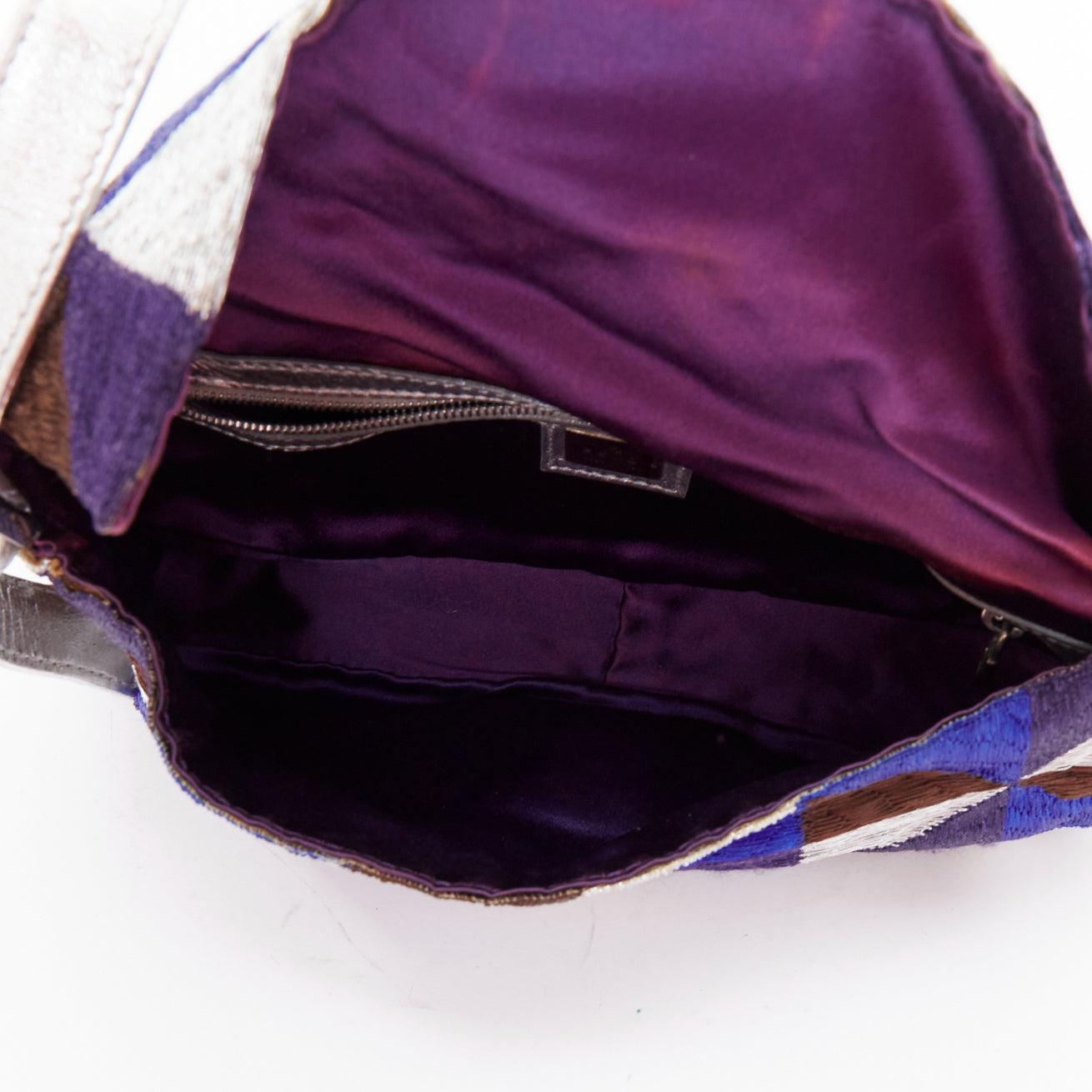 FENDI Vintage Mamma Baguette blue silver purple fabric shoulder bag For Sale 4